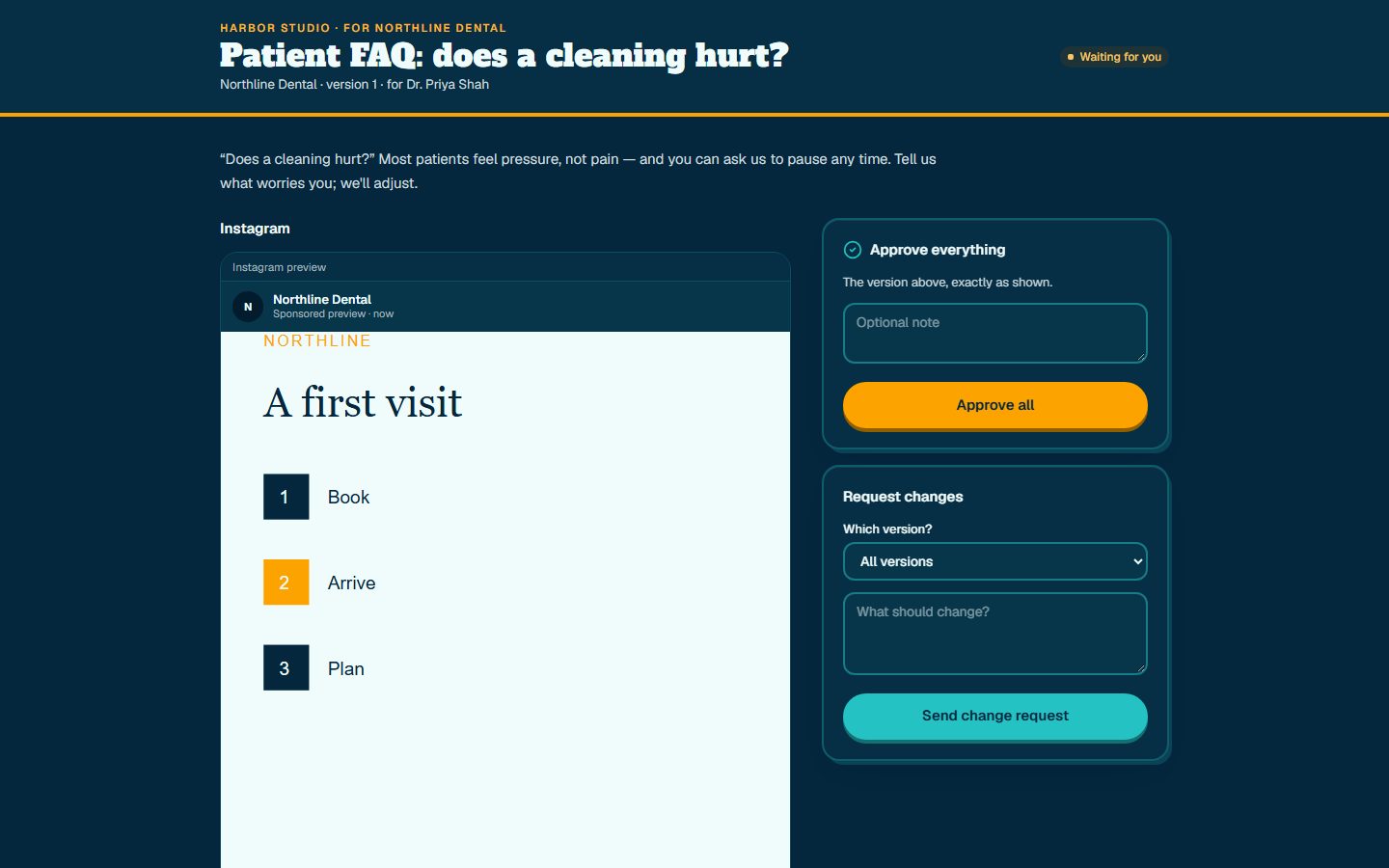 Client approval page showing Instagram and Facebook previews