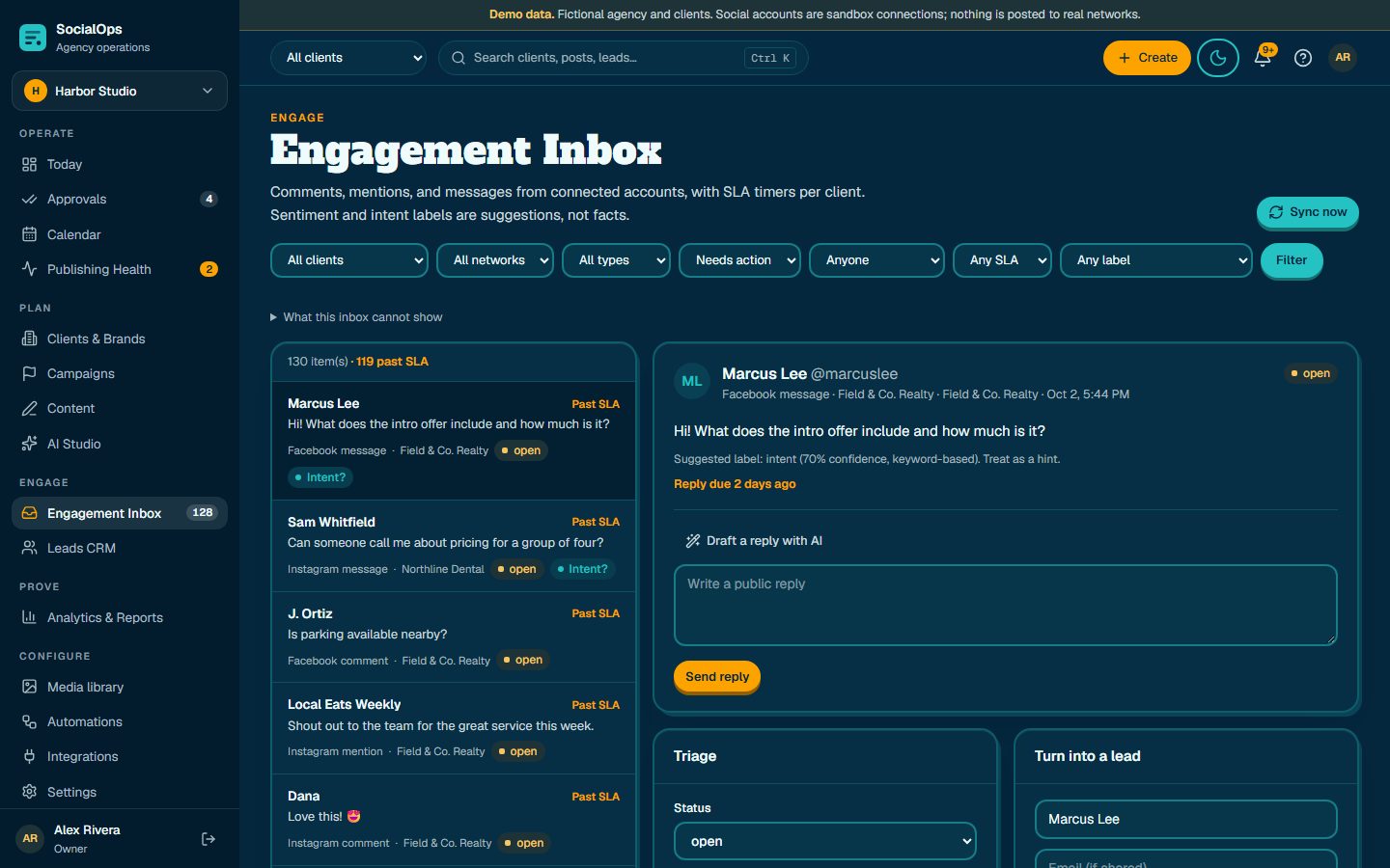 Inbox, leads, and outcomes screen