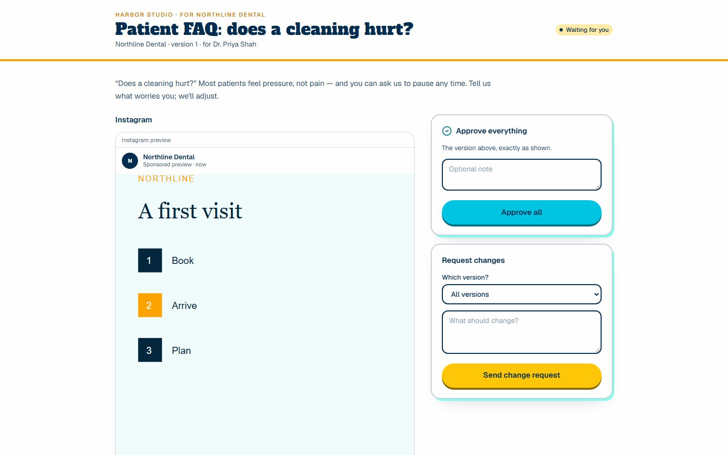 Client approval page showing Instagram and Facebook previews